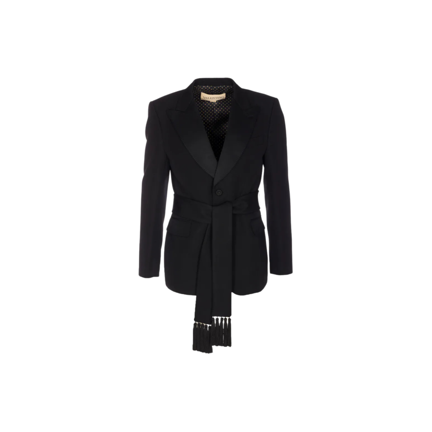 Blazer smoking VALENTINO laine noire ceinture écharpe franges
