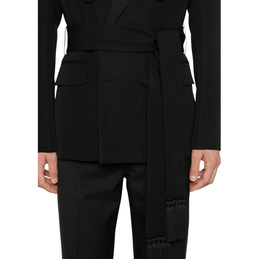 Blazer smoking VALENTINO laine noire ceinture écharpe franges