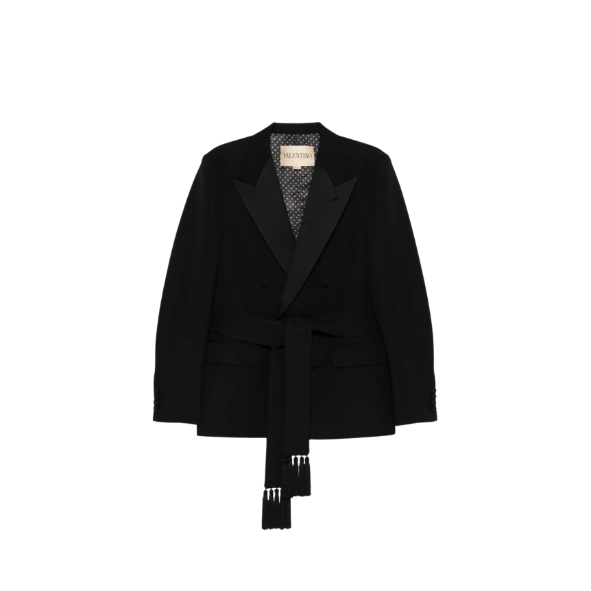 Blazer smoking VALENTINO laine noire ceinture écharpe franges