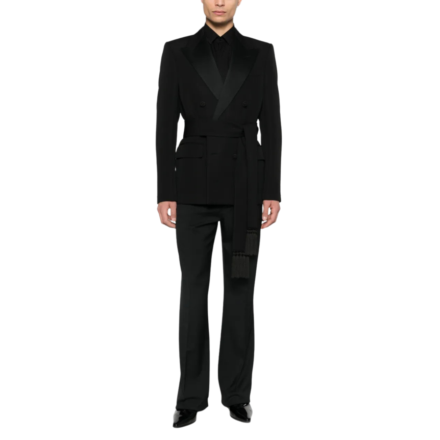 Blazer smoking VALENTINO laine noire ceinture écharpe franges