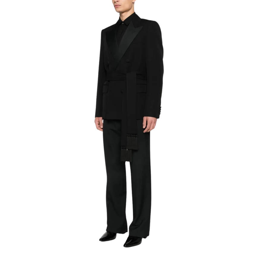 Blazer smoking VALENTINO laine noire ceinture écharpe franges