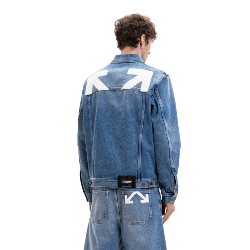 Blouson OFF WHITE Arrow jean denim bleu demi croix dos