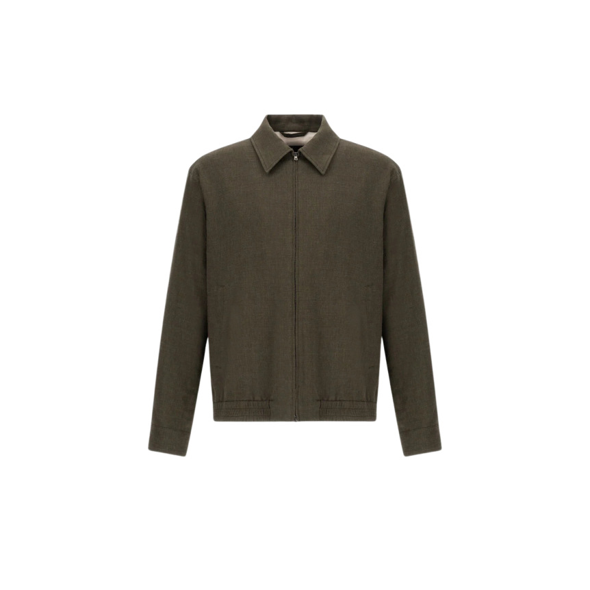 Blouson zippé HERNO sur chemise à col lin vert kaki