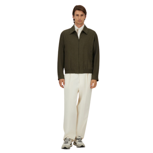 Blouson zippé HERNO sur chemise à col lin vert kaki