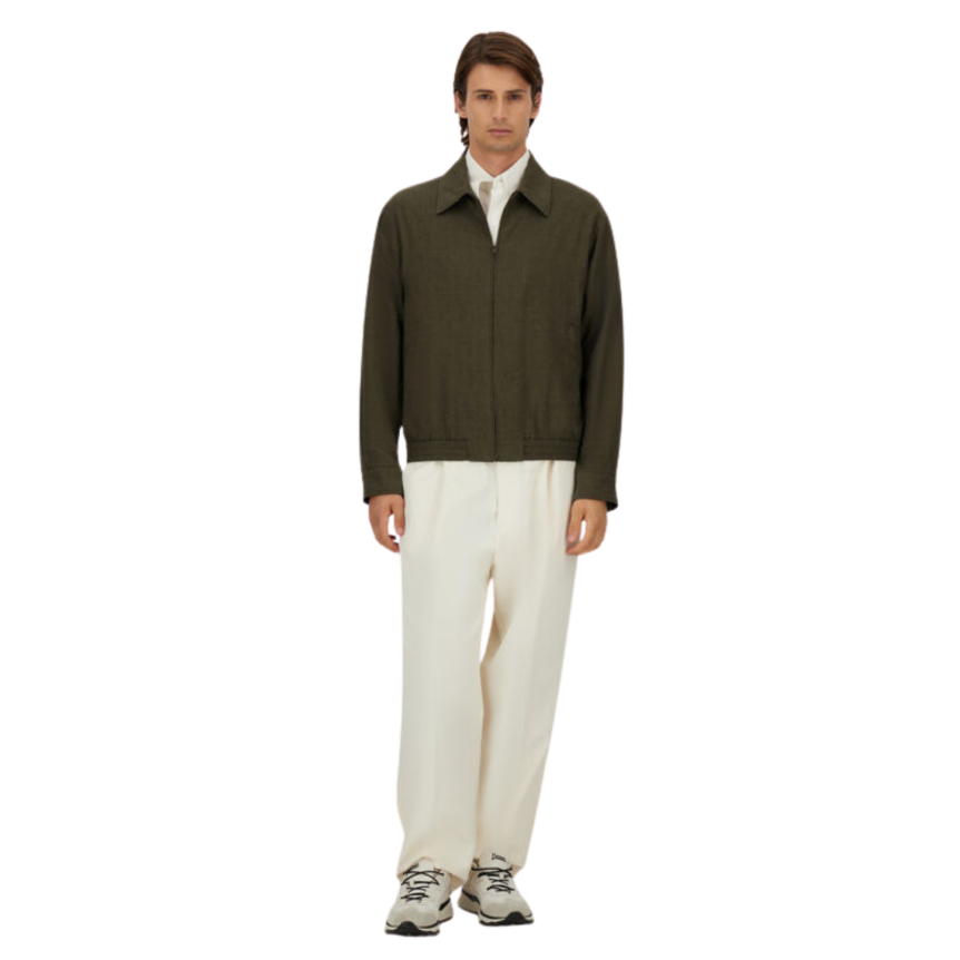 Blouson zippé HERNO sur chemise à col lin vert kaki