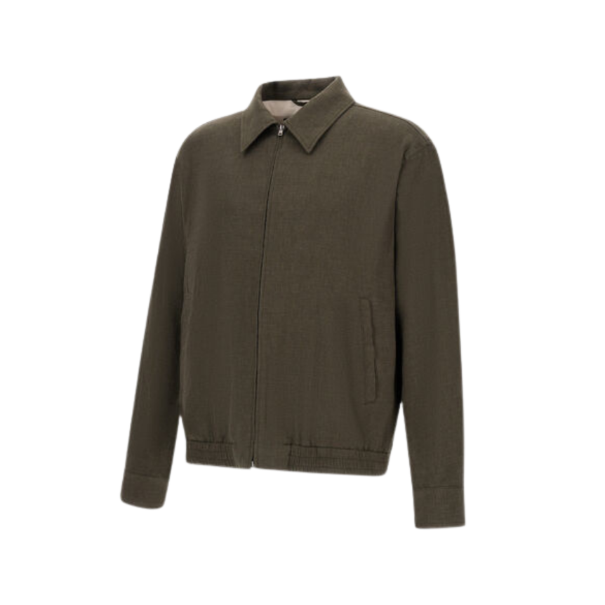 Blouson zippé HERNO sur chemise à col lin vert kaki