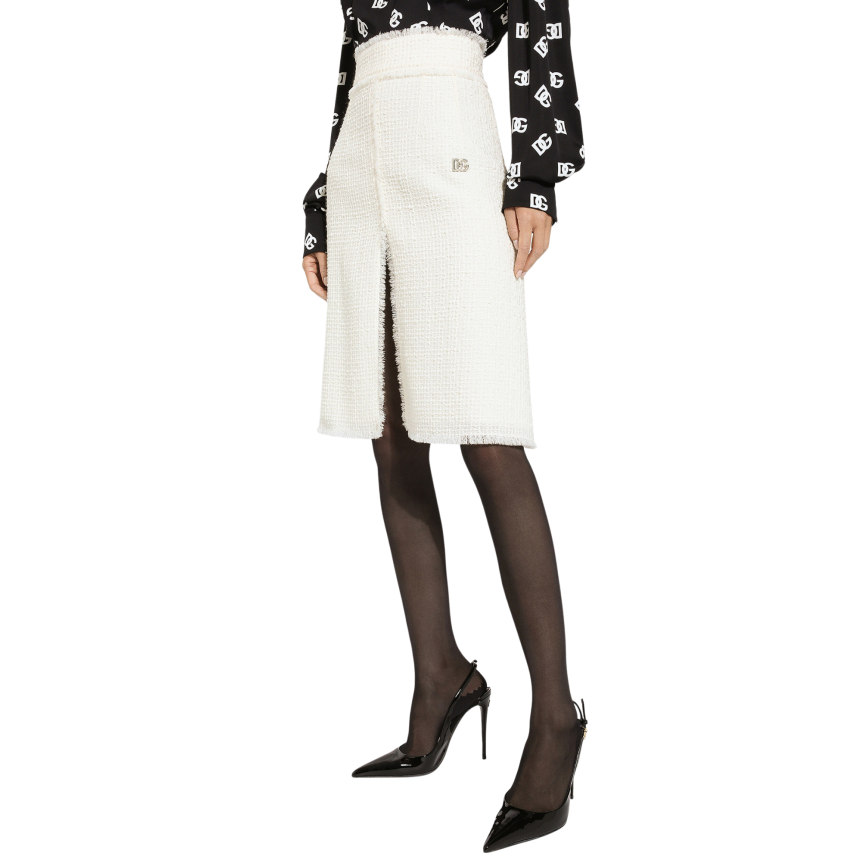 Jupe mi-longue DOLCE & GABBANA tweed raschel écru fendue