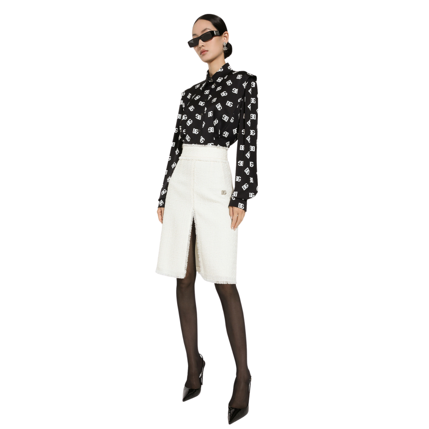 Jupe mi-longue DOLCE & GABBANA tweed raschel écru fendue