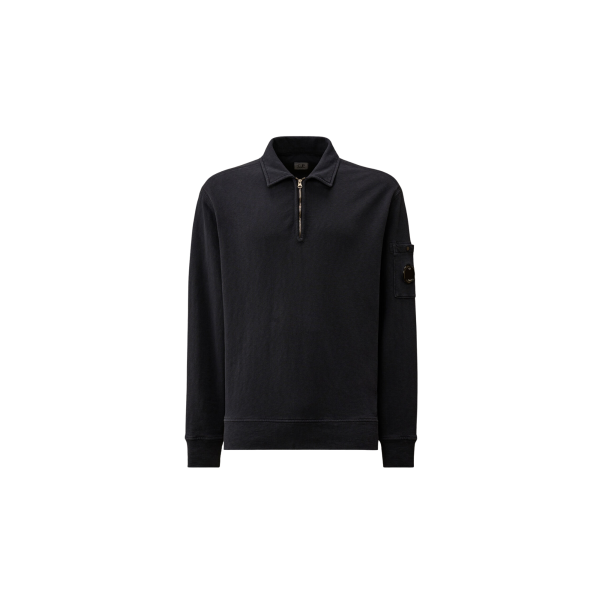 Sweat shirt CP COMPANY col polo demi zip coton délavé vieilli bleu marine