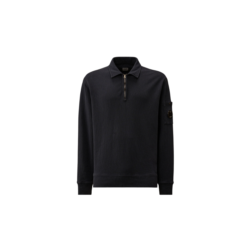 Sweat shirt CP COMPANY col polo demi zip coton délavé vieilli bleu marine