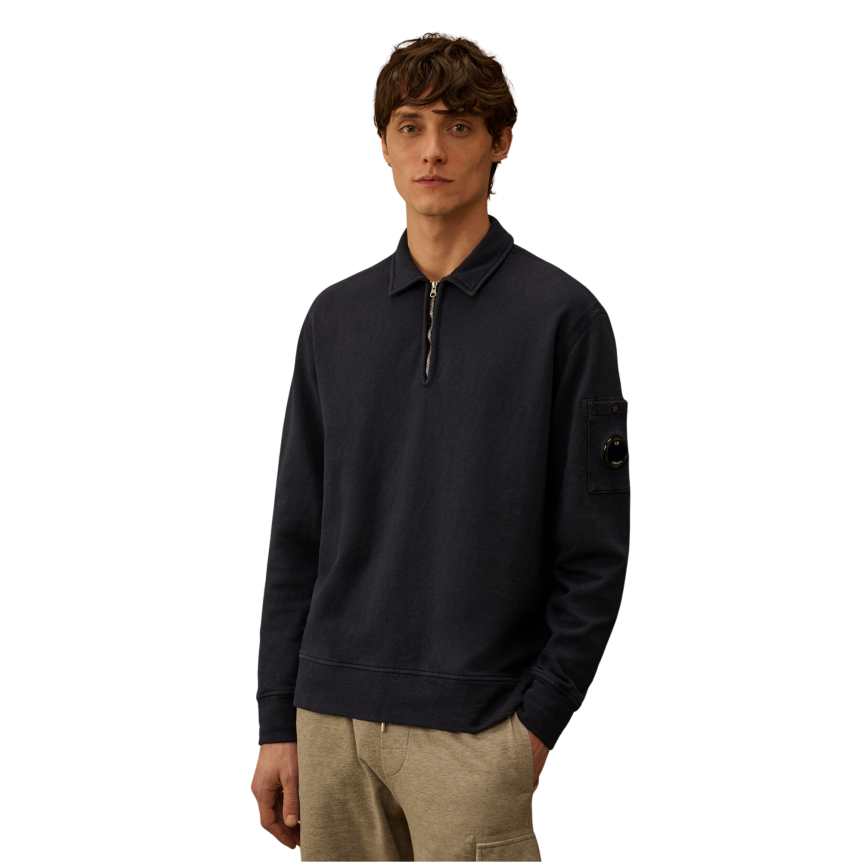 Sweat shirt CP COMPANY col polo demi zip coton délavé vieilli bleu marine