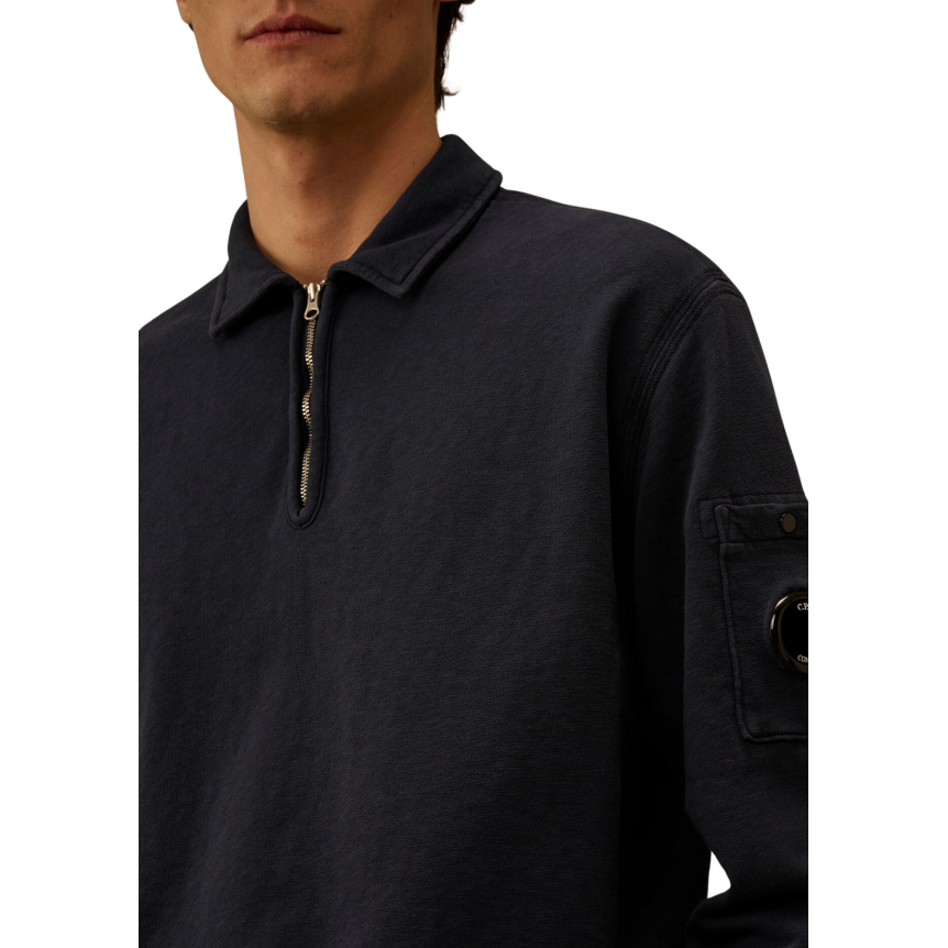 Sweat shirt CP COMPANY col polo demi zip coton délavé vieilli bleu marine