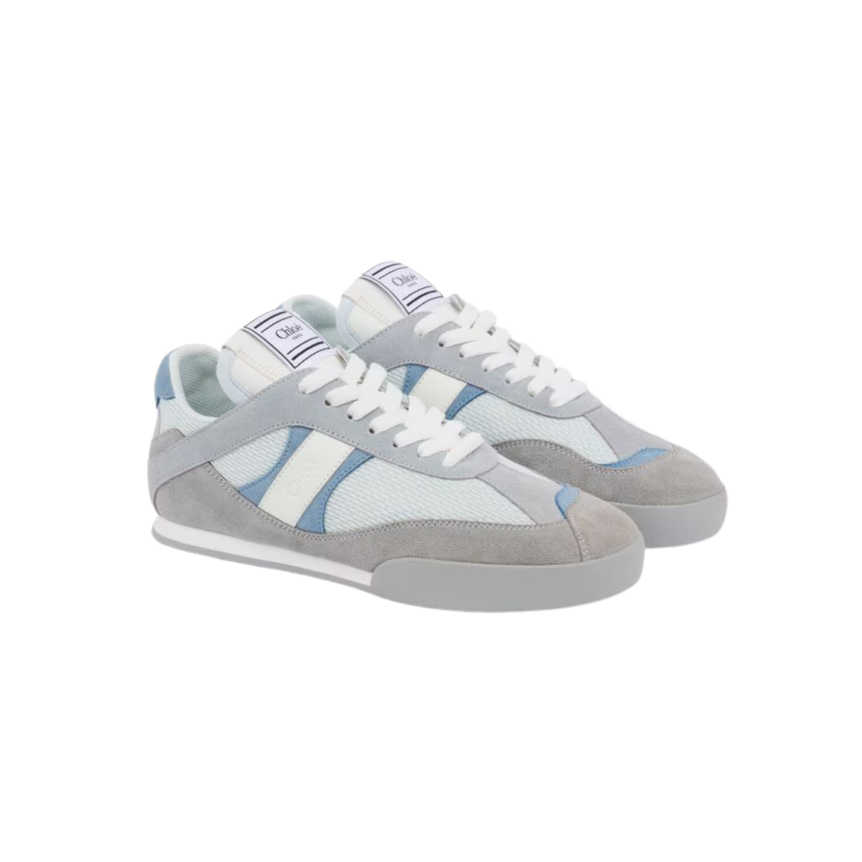 Basket basse CHLOE Kick resille cuir velours gris clair bleu ciel