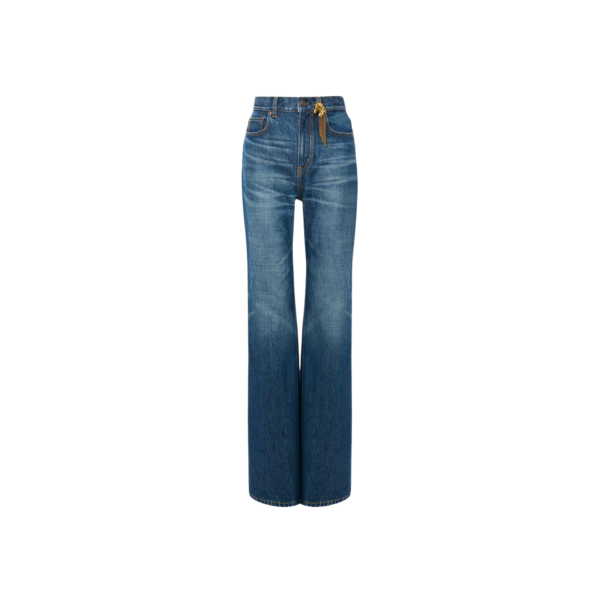 Jean droit CHLOE taille haute denim coton bio indigo délavé bijoux poche