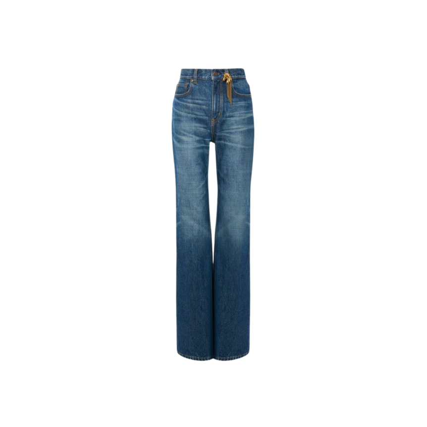 Jean droit CHLOE taille haute denim coton bio indigo délavé bijoux poche