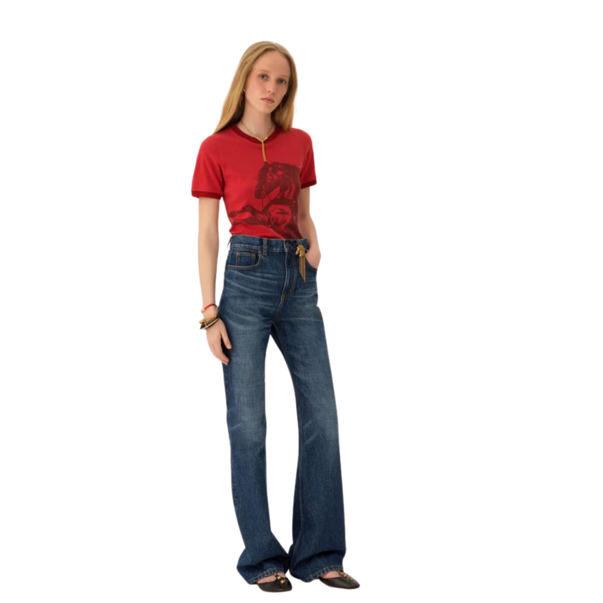 Jean droit CHLOE taille haute denim coton bio indigo délavé bijoux poche