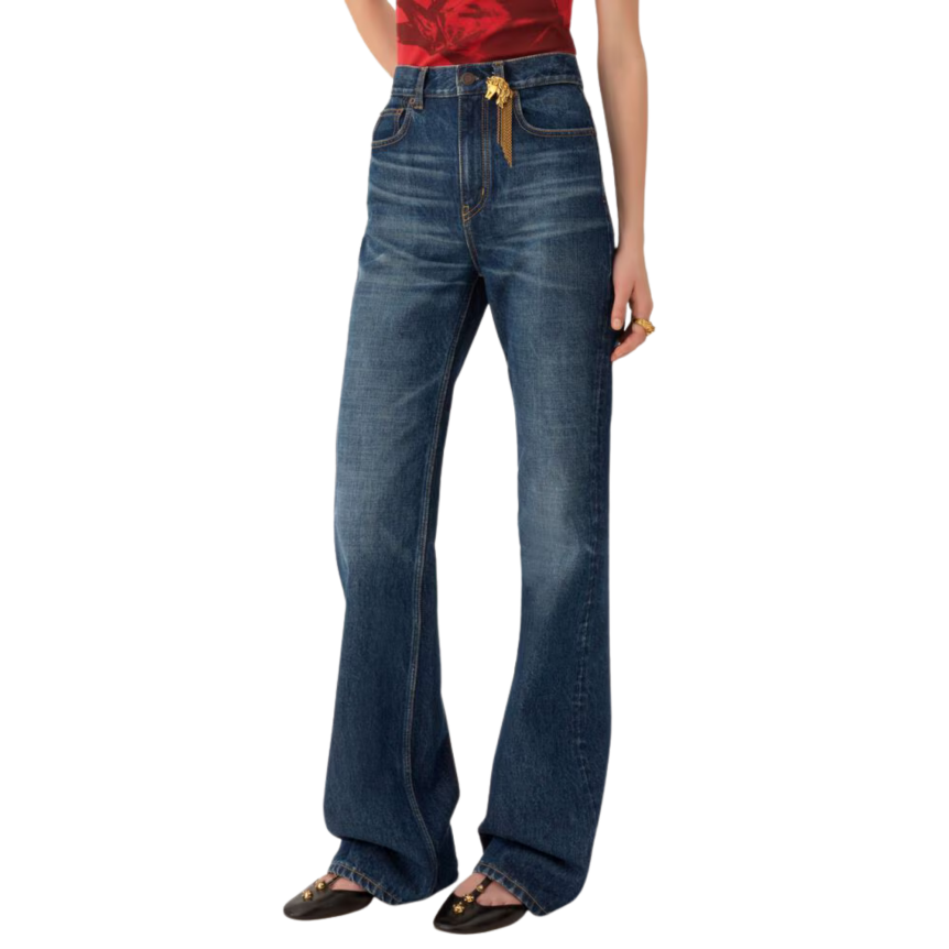 Jean droit CHLOE taille haute denim coton bio indigo délavé bijoux poche