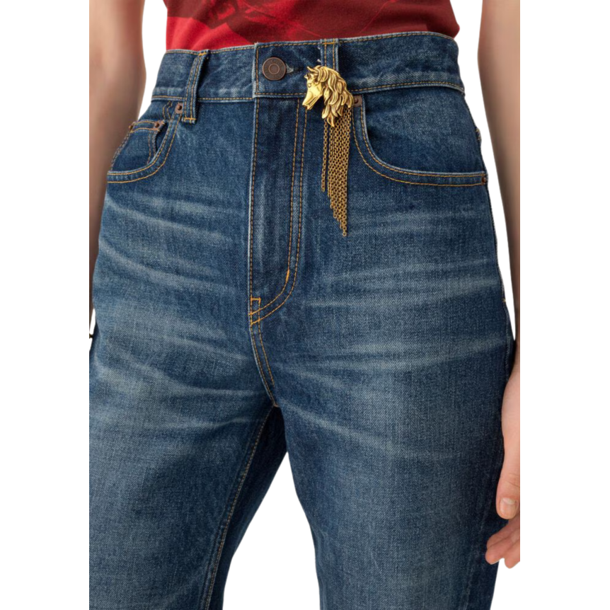Jean droit CHLOE taille haute denim coton bio indigo délavé bijoux poche