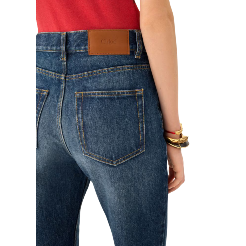 Jean droit CHLOE taille haute denim coton bio indigo délavé bijoux poche