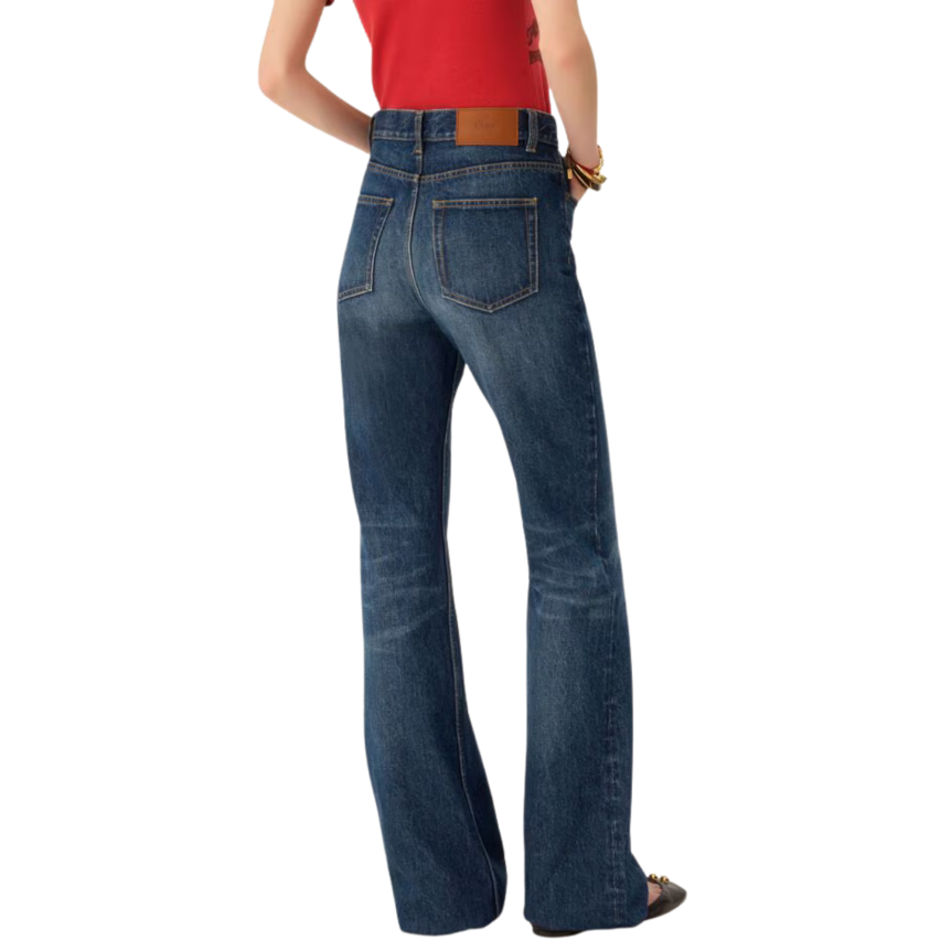Jean droit CHLOE taille haute denim coton bio indigo délavé bijoux poche