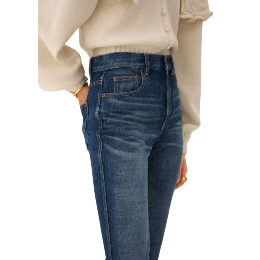 Pantacourt Jean CHLOE Capri taille haute denim coton bio bleu délavé