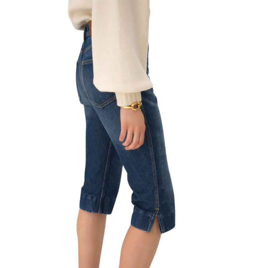 Pantacourt Jean CHLOE Capri taille haute denim coton bio bleu délavé