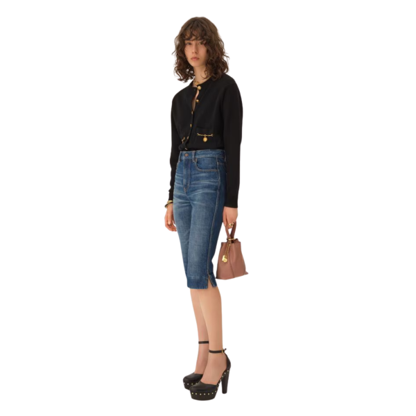 Cardigan col rond CHLOE maille laine mérinos et cachemire noir bouton médaillon doré