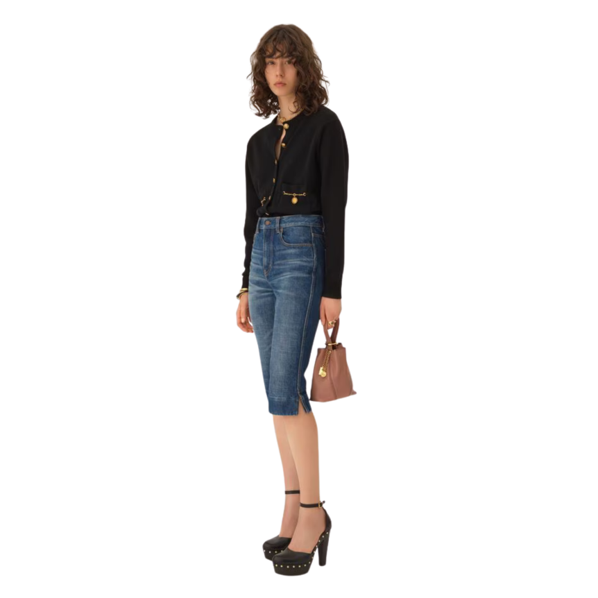 Cardigan col rond CHLOE maille laine mérinos et cachemire noir bouton médaillon doré