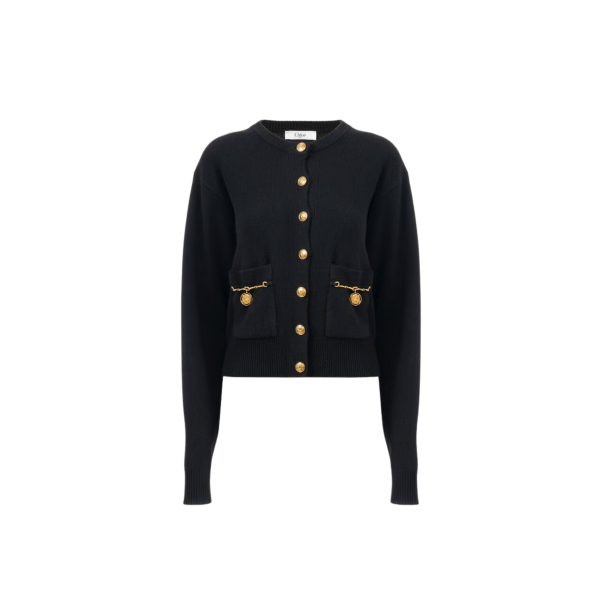 Cardigan col rond CHLOE maille laine mérinos et cachemire noir bouton médaillon doré