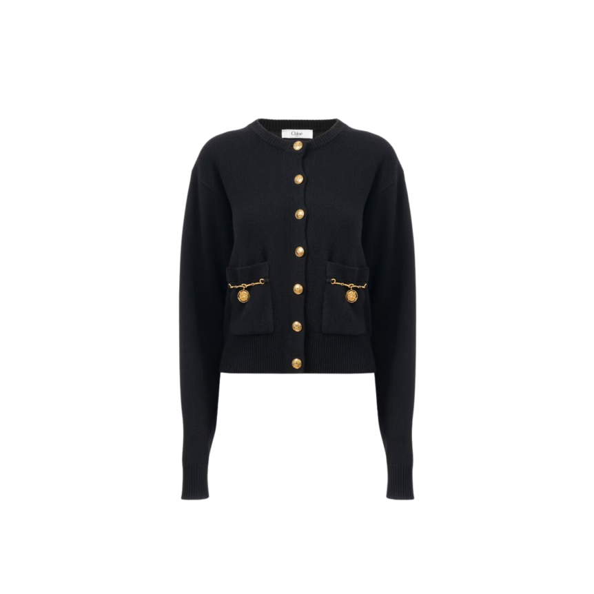 Cardigan col rond CHLOE maille laine mérinos et cachemire noir bouton médaillon doré