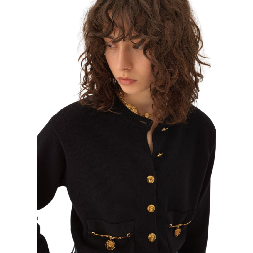 Cardigan col rond CHLOE maille laine mérinos et cachemire noir bouton médaillon doré