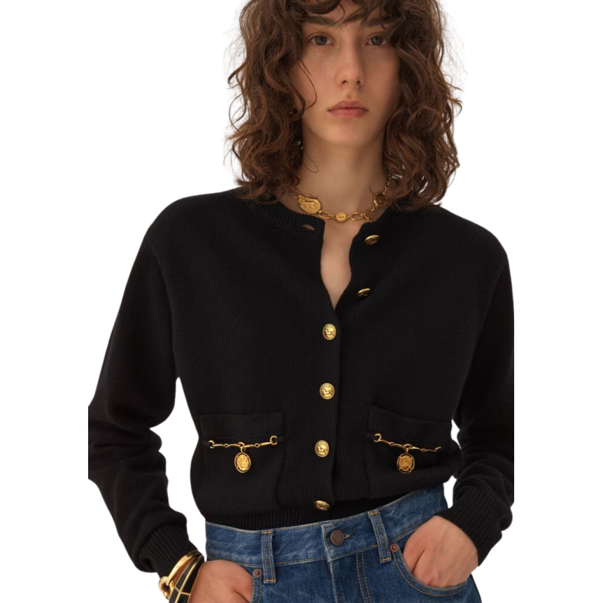 Cardigan col rond CHLOE maille laine mérinos et cachemire noir bouton médaillon doré