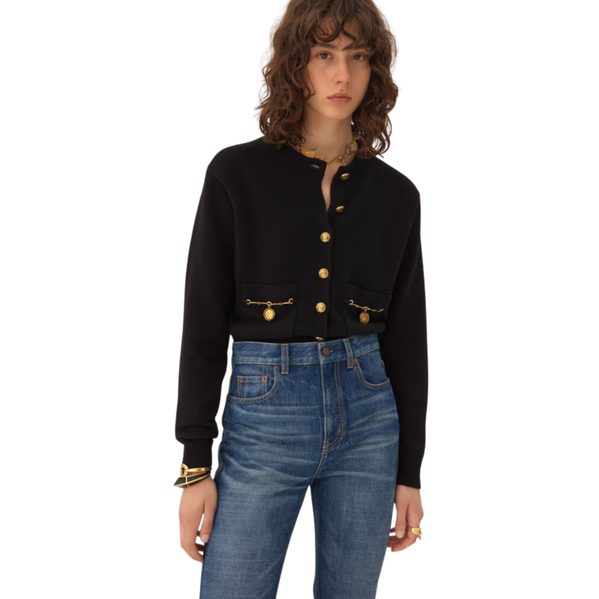 Cardigan col rond CHLOE maille laine mérinos et cachemire noir bouton médaillon doré
