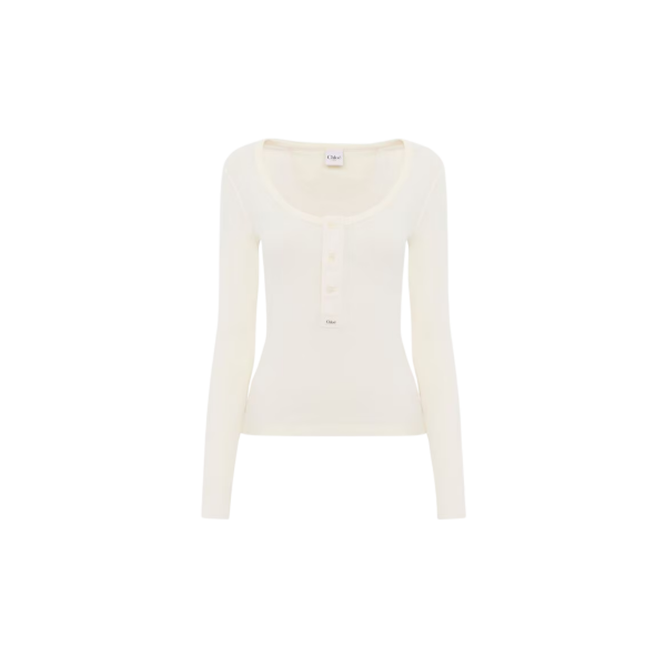 Top manche longue col tunisien CHLOE Henley ajusté jersey côtelé coton bio écru