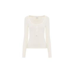 Top manche longue col tunisien CHLOE Henley ajusté jersey côtelé coton bio écru