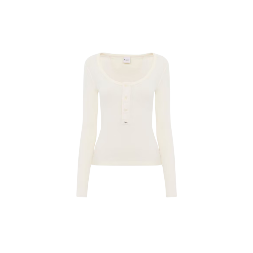 Top manche longue col tunisien CHLOE Henley ajusté jersey côtelé coton bio écru