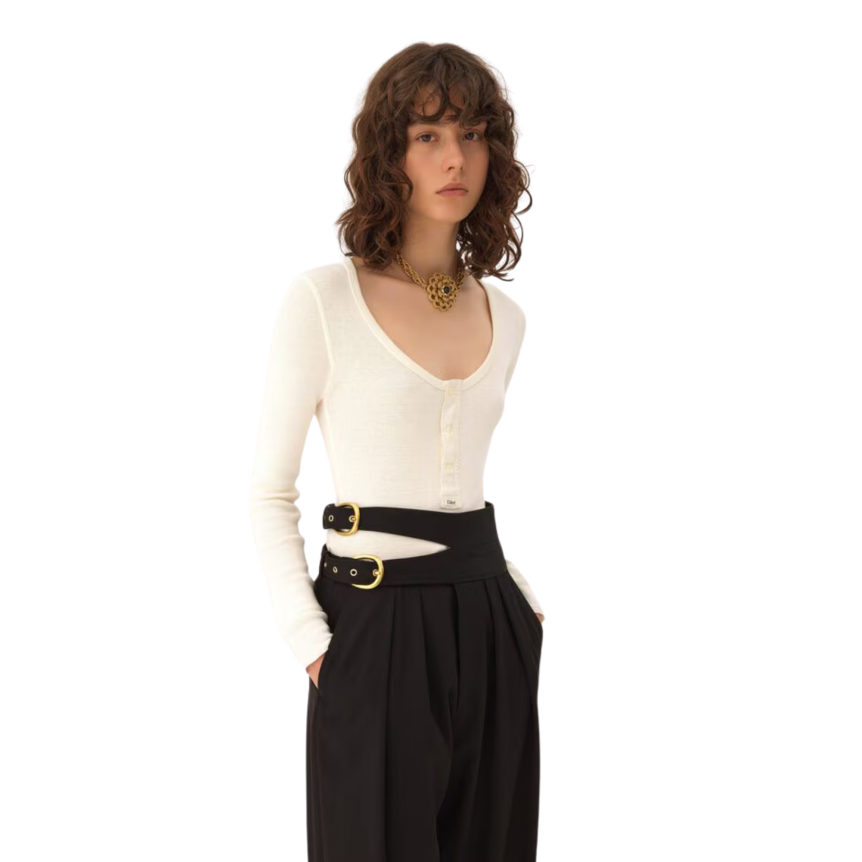 Top manche longue col tunisien CHLOE Henley ajusté jersey côtelé coton bio écru