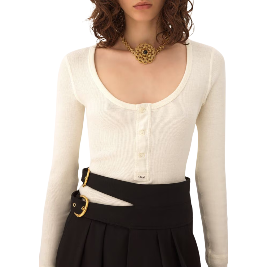 Top manche longue col tunisien CHLOE Henley ajusté jersey côtelé coton bio écru