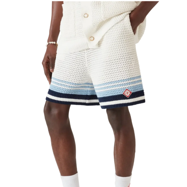 Short de tennis CASABLANCA coton crochet rayures bleu marine bleu ciel