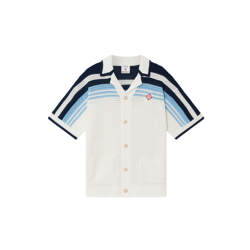 Chemise de tennis CASABLANCA manche courte coton crochet blanc rayures bleu marine et ciel