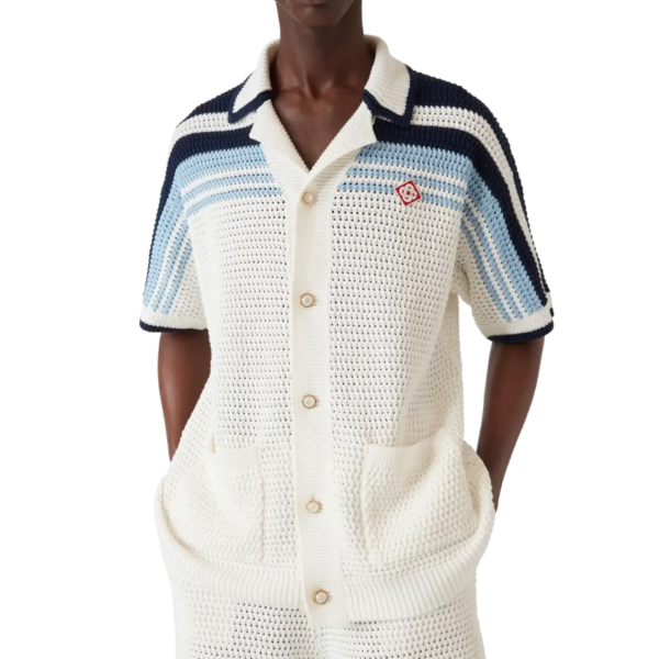 Chemise de tennis CASABLANCA manche courte coton crochet blanc rayures bleu marine et ciel