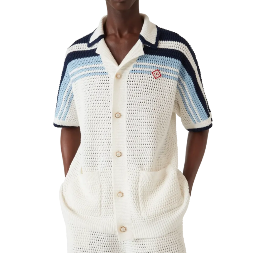 Chemise de tennis CASABLANCA manche courte coton crochet blanc rayures bleu marine et ciel