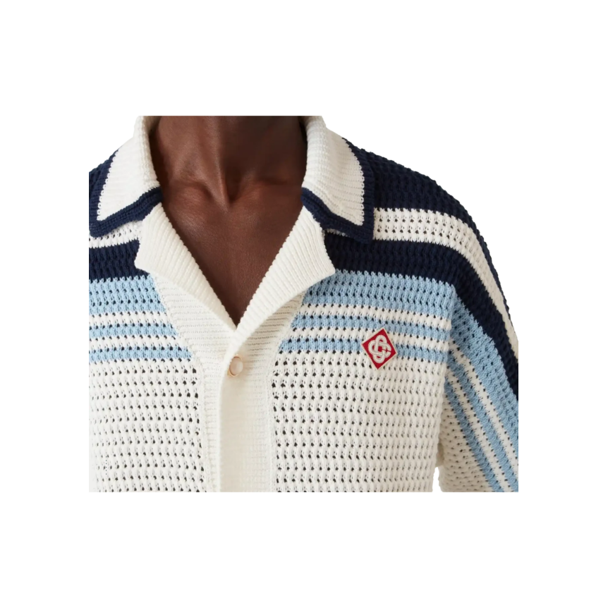 Chemise de tennis CASABLANCA manche courte coton crochet blanc rayures bleu marine et ciel