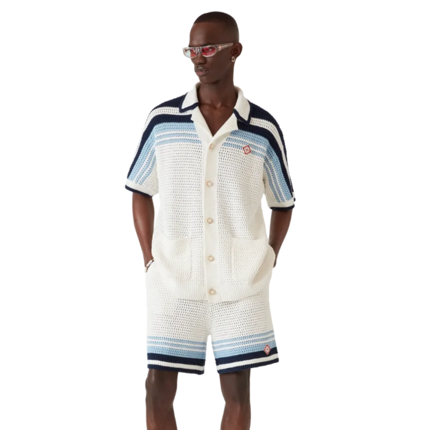 Chemise de tennis CASABLANCA manche courte coton crochet blanc rayures bleu marine et ciel