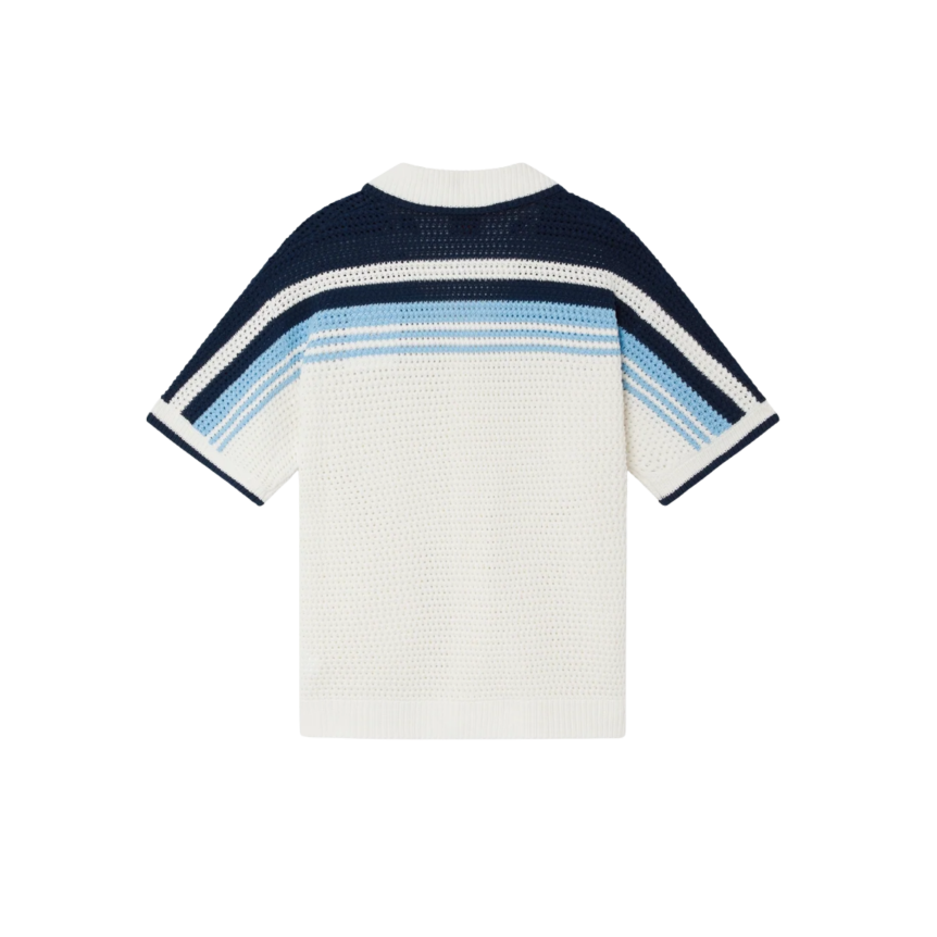 Chemise de tennis CASABLANCA manche courte coton crochet blanc rayures bleu marine et ciel