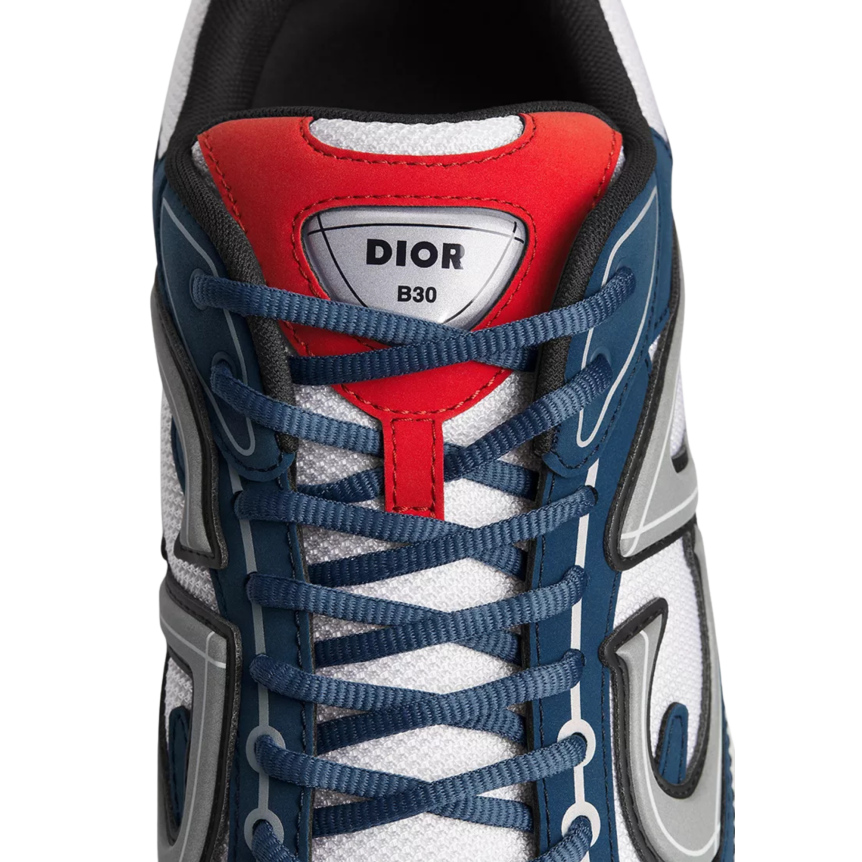 Sneaker DIOR B30 Countdown Maille technique blanche et tissu technique bleu foncé et rouge