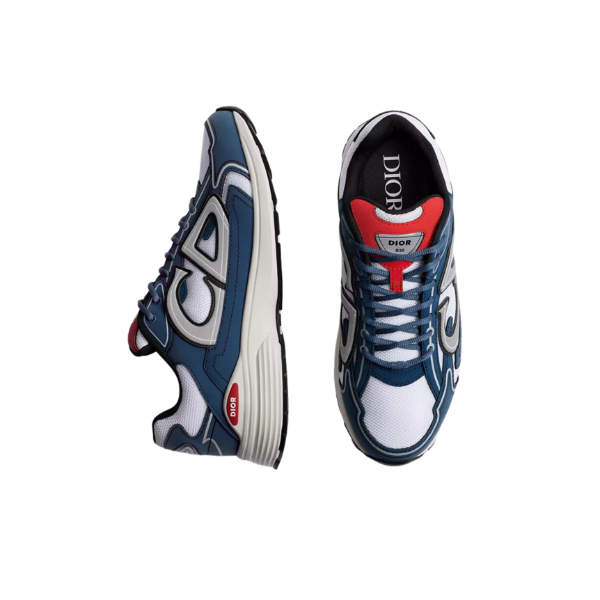 Sneaker DIOR B30 Countdown Maille technique blanche et tissu technique bleu foncé et rouge