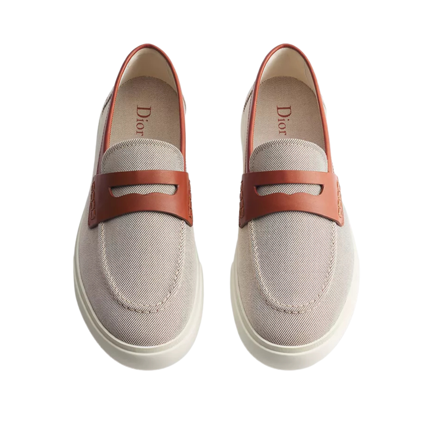 Mocassin Dior Chester Dioriviera Toile de coton beige et cuir de veau lisse marron