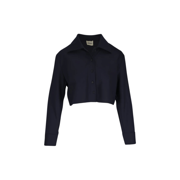 Chemise courte KHAITE Jasen flanelle laine cachemire bleu marine