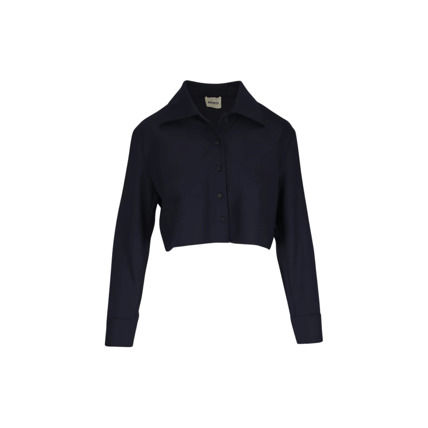 Chemise courte KHAITE Jasen flanelle laine cachemire bleu marine
